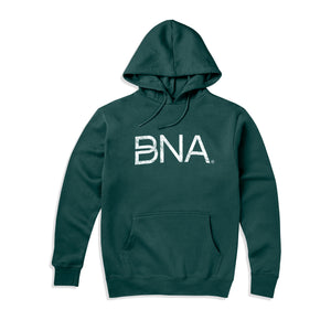 Dark green hoodie sweatshirt with white distressed BNA logo centered on the chest.  BNA logo features a unique infinity "B."