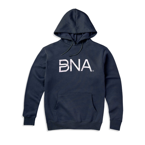 Dark blue hoodie sweatshirt with white distressed BNA logo centered on the chest.  BNA logo features a unique infinity "B."