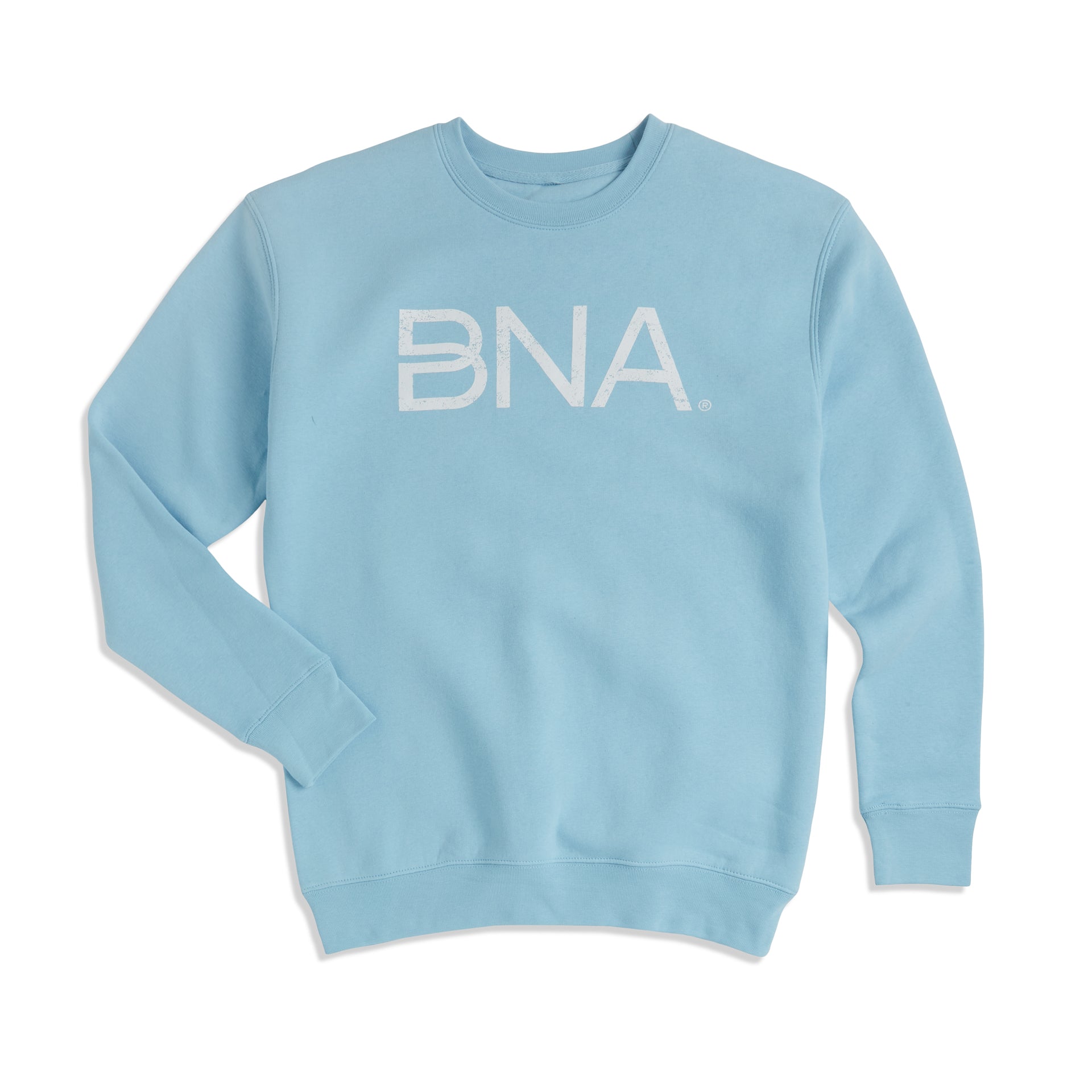 Light sky blue crewneck sweatshirt with white distressed BNA logo centered on the chest.  BNA logo features a unique infinity "B."