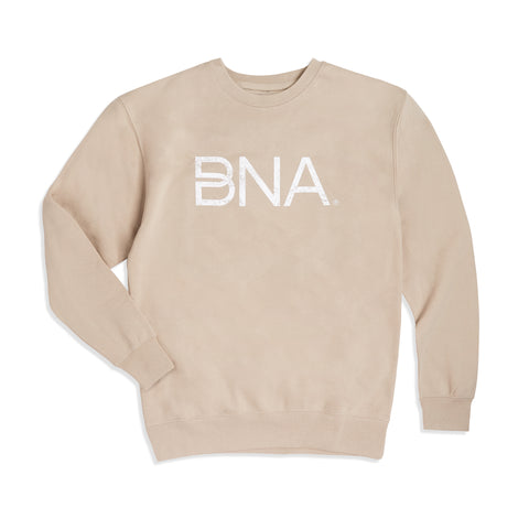 Light beige crewneck sweatshirt with white distressed BNA logo centered on the chest.  BNA logo features a unique infinity "B."