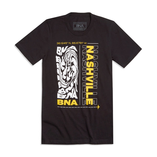 Black t-shirt with full front graphic design featuring the BNA latitude and longitude coordinates, a swirled BNA design, and Nashville printed vertically in solid yellow with a white outline.  A small yellow plane travels across the bottom of the design to finish the frame.