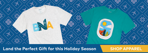 Blue background with tonal festive pattern featuring snowflakes and airplanes is overlayed with apparel photos.  Light gray tee with stylized BNA that appears like a runway, and a seafoam green tee with a window seat graphic.  "Land the Perfect Gift for this Holiday Season" at the bottom and Shop Apparel.  Links to BNA Shop Apparel Category.